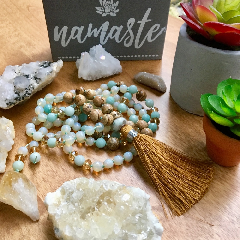 Handmade 108 Bead Mala Necklace, Yoga & Crystals